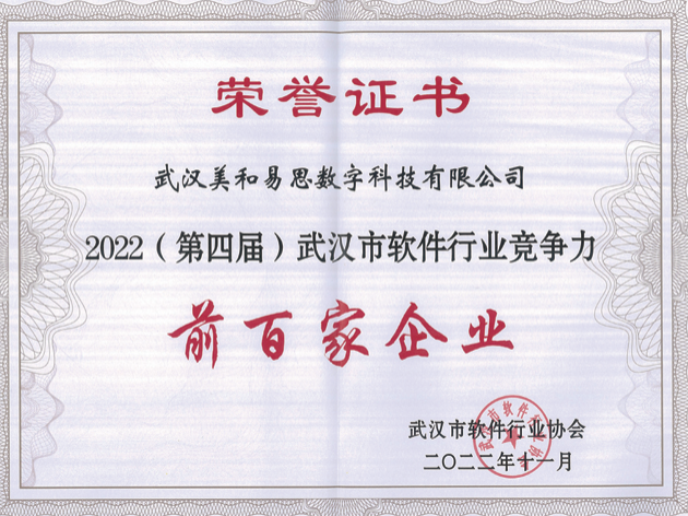 武汉市软件行业竞争力百强企业证书